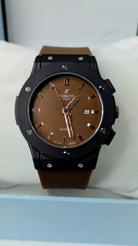 Hublot Brown Rubber Straps Watch with Black Case Brown Dial.