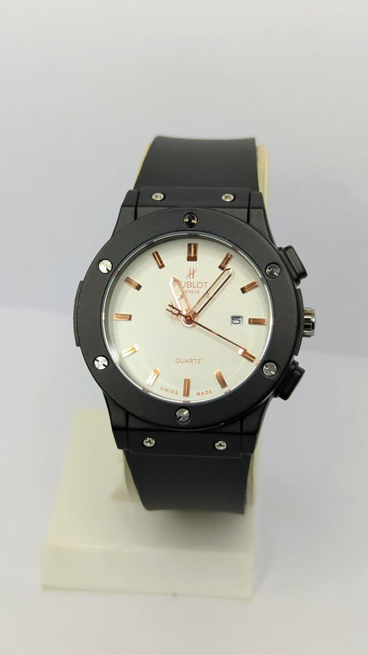 Hublot Black Rubber Strap Watch with Black Case and White Dial