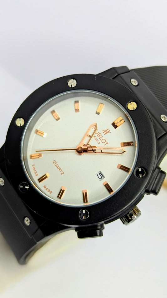 Hublot Black Rubber Strap Watch with Black Case and White Dial
