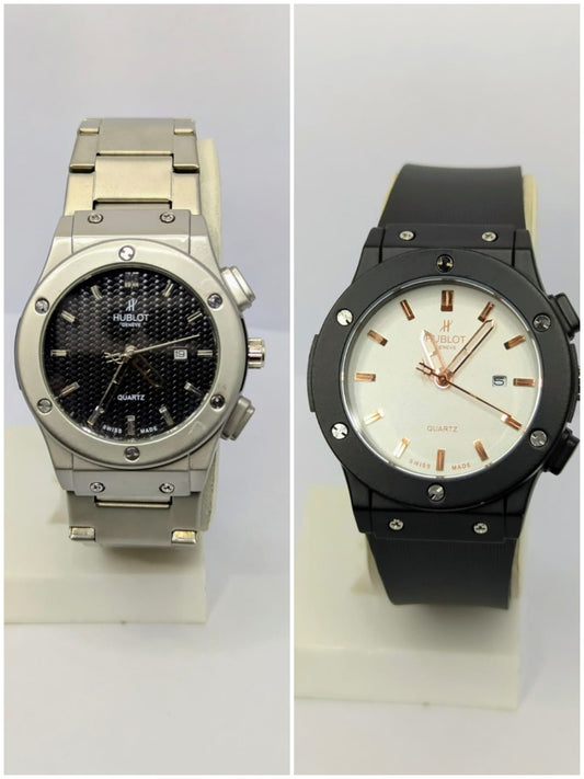(Hublot Genève – Silver with Black Dial) + (Hublot Black Rubber Strap Watch with Black Case and White Dial)
