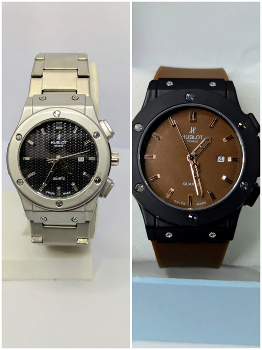 (Hublot Genève – Silver with Black Dial) + (Hublot Brown Rubber Straps Watch with Black Case Brown Dial)