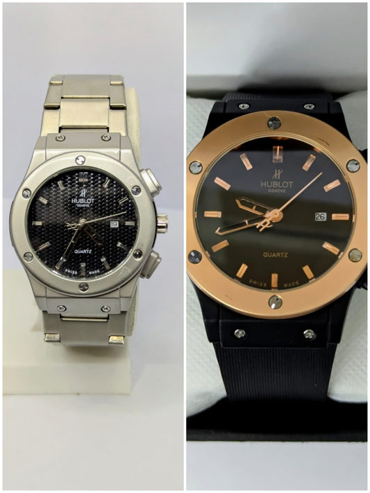 (Hublot Genève – Silver with Black Dial) + (Hublot Black Rubber Strap Watch with Golden Case and Black Dial)