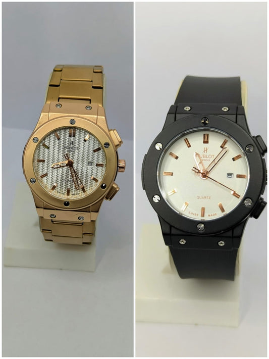 (Hublot Genève – Gold with White Dial) + (Hublot Black Rubber Strap Watch with Black Case and White Dial)