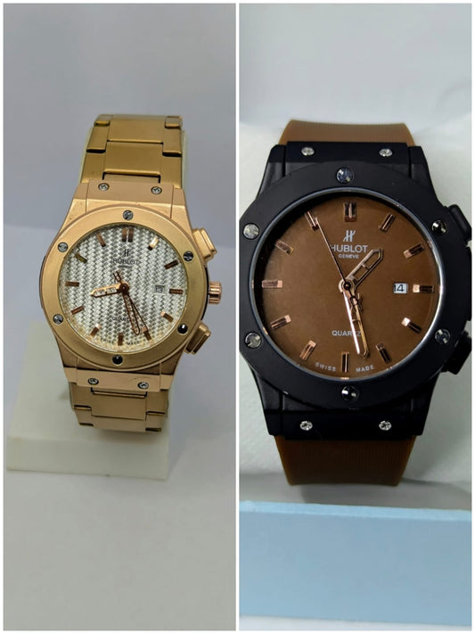 (Hublot Genève – Gold with White Dial) + (Hublot Brown Rubber Straps Watch with Black Case Brown Dial)