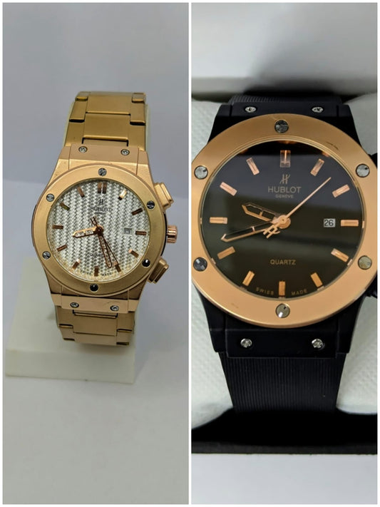 (Hublot Genève – Gold with White Dial) + (Hublot Black Rubber Strap Watch with Golden Case and Black Dial)