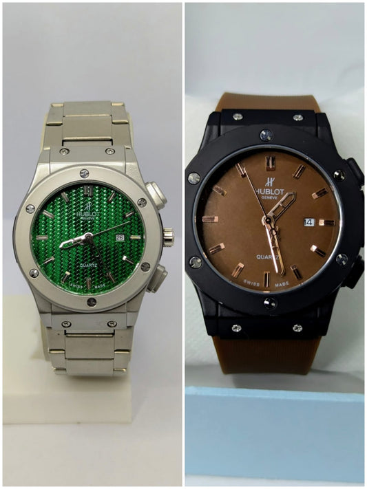 (Hublot Genève – Silver with Green Dial) + (Hublot Black Rubber Strap Watch with Black Case and White Dial)