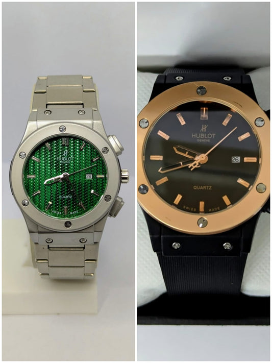 (Hublot Genève – Silver with Green Dial) + (Hublot Black Rubber Strap Watch with Golden Case and Black Dial)
